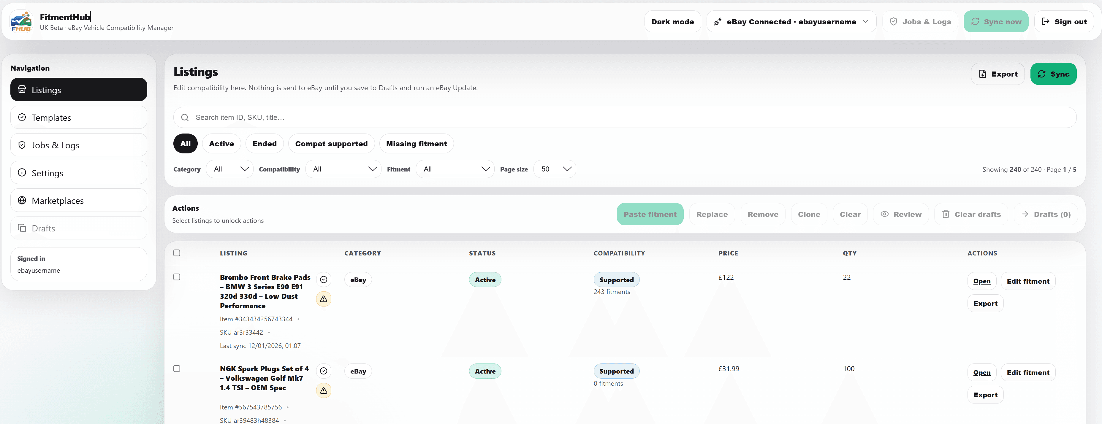 FitmentHub app dashboard screenshot